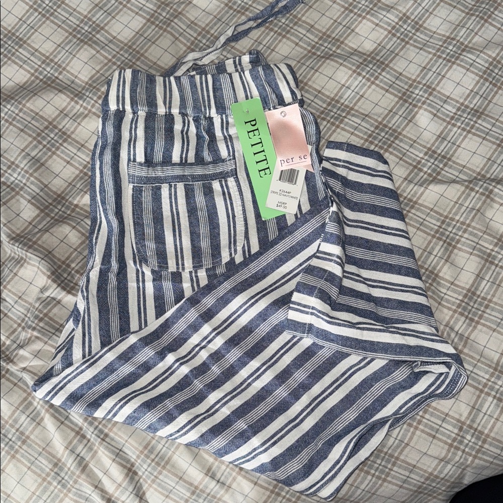 Per Se Navy and White Striped Trousers